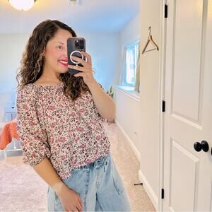 NWT Natalie Martin White Pink Floral Short Sleeve Blouse Top XS Oversized